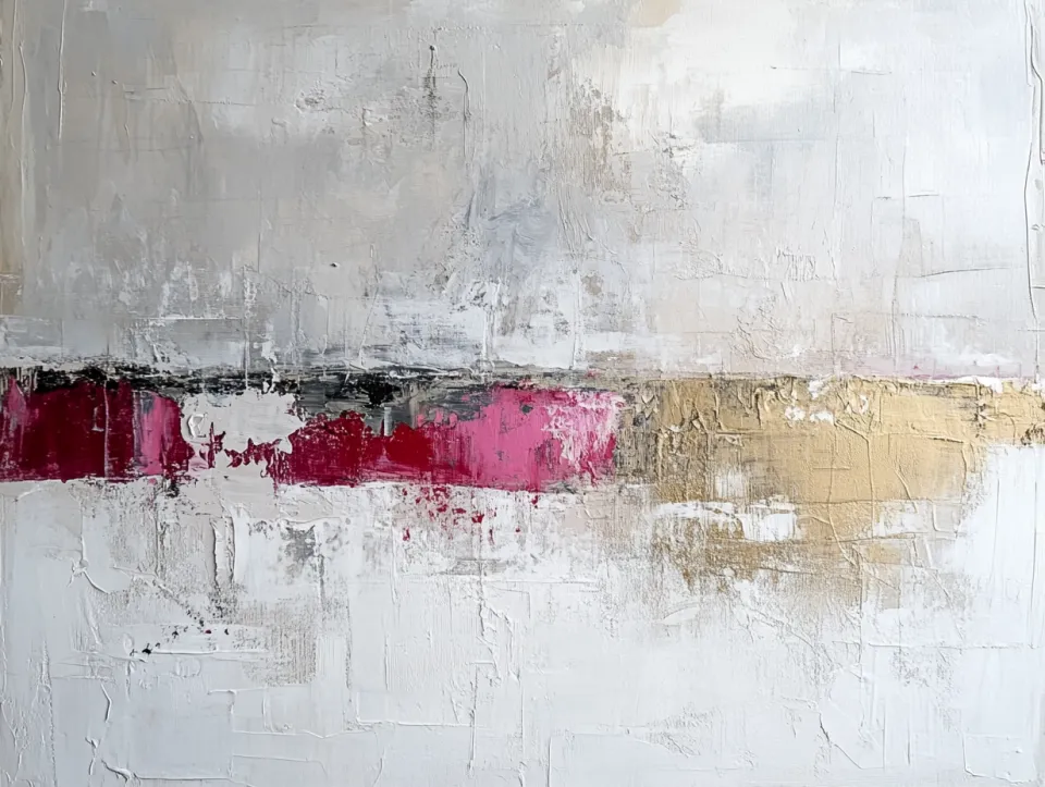 Cuadro abstracto con tonos rojos, dorados y grises sobre un fondo blanco