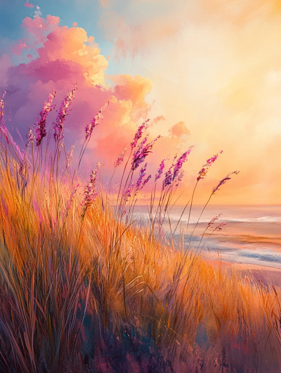 Cielo al atardecer y playa con hierbas doradas y flores