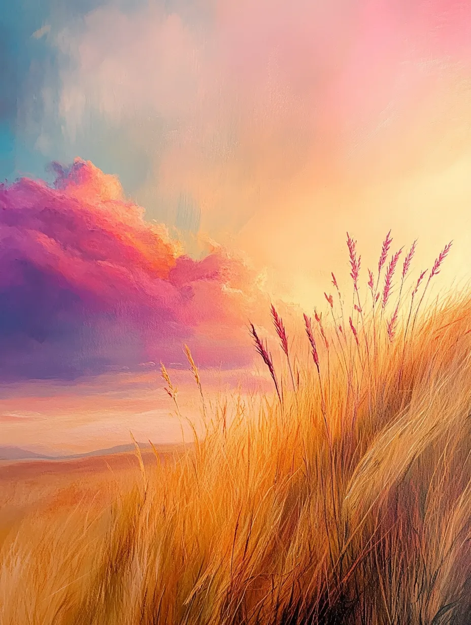 Hermosa pintura con la puesta de sol, nubes y hierbas en la colina