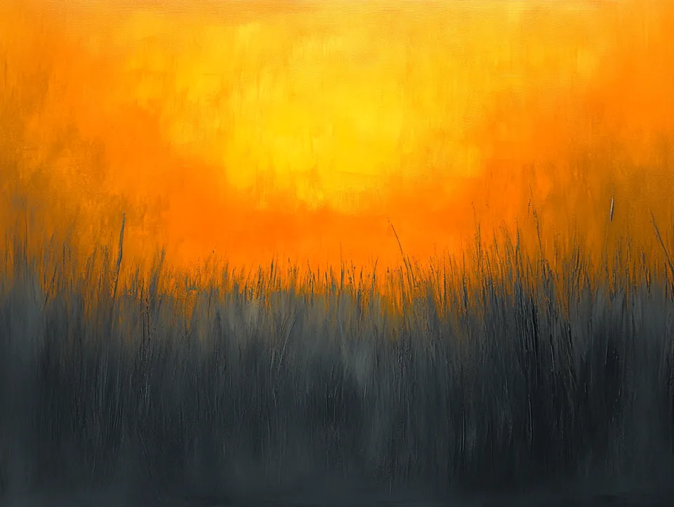 Cuadro abstracto con un atardecer y siluetas oscuras de hierba