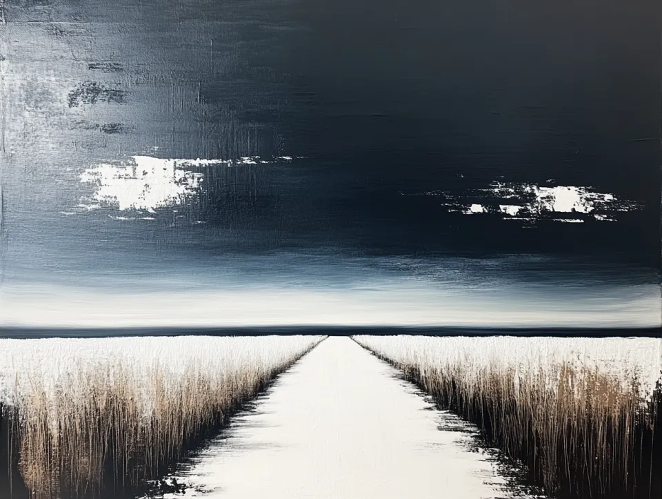 Paisaje conceptual con carretera blanca y cielo oscuro