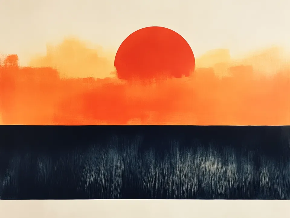 Imagen abstracta de un atardecer con un brillante sol rojo y un cielo oscuro
