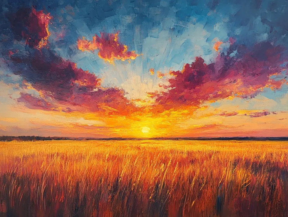 Cielo brillante y atardecer sobre un campo en tonos dorados y púrpuras