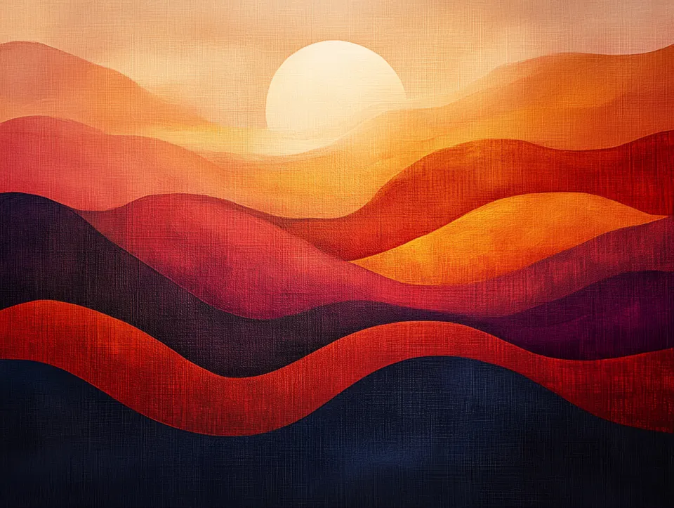 Imagen con formas abstractas onduladas y el sol en el fondo del atardecer