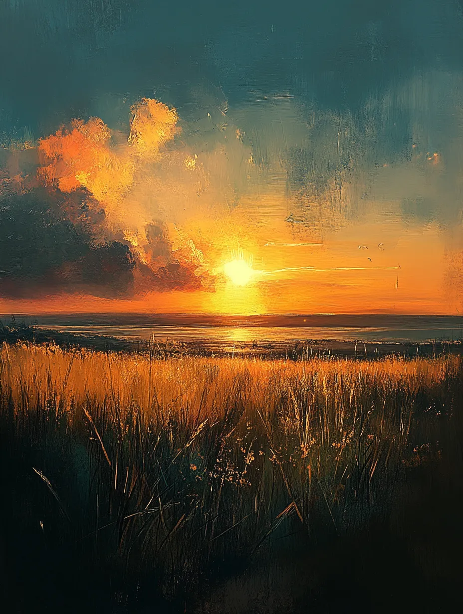 Beautiful sunset with vibrant clouds and golden grasses against the sea