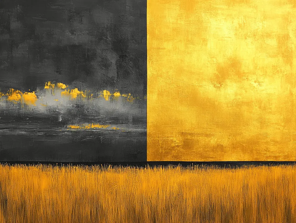 Una impactante pintura abstracta que presenta secciones negras y doradas con elementos texturizados similares a trigo.