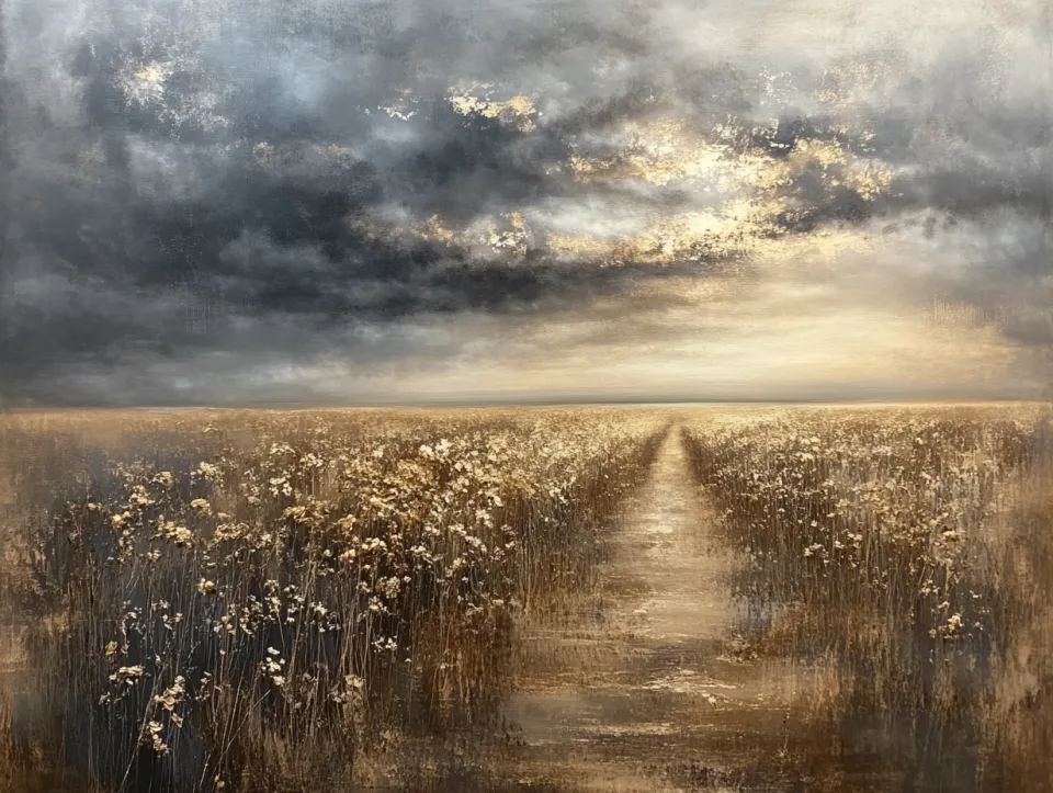 Beautiful landscape with a golden field and dark clouds on the horizon