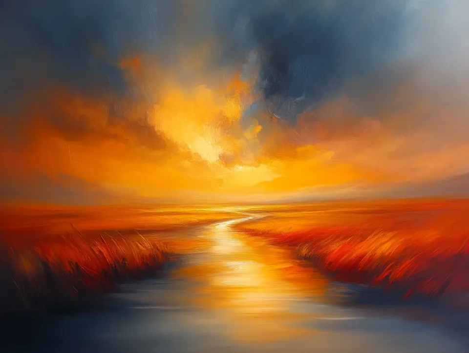 Majestic sunset reflecting in a calm river, surrounded by golden fields