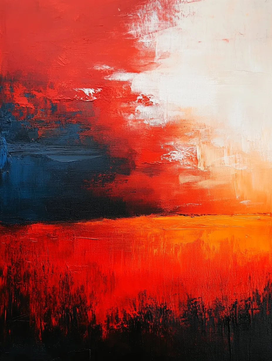 Cuadro abstracto con predominancia de colores rojos y negros que representa un paisaje