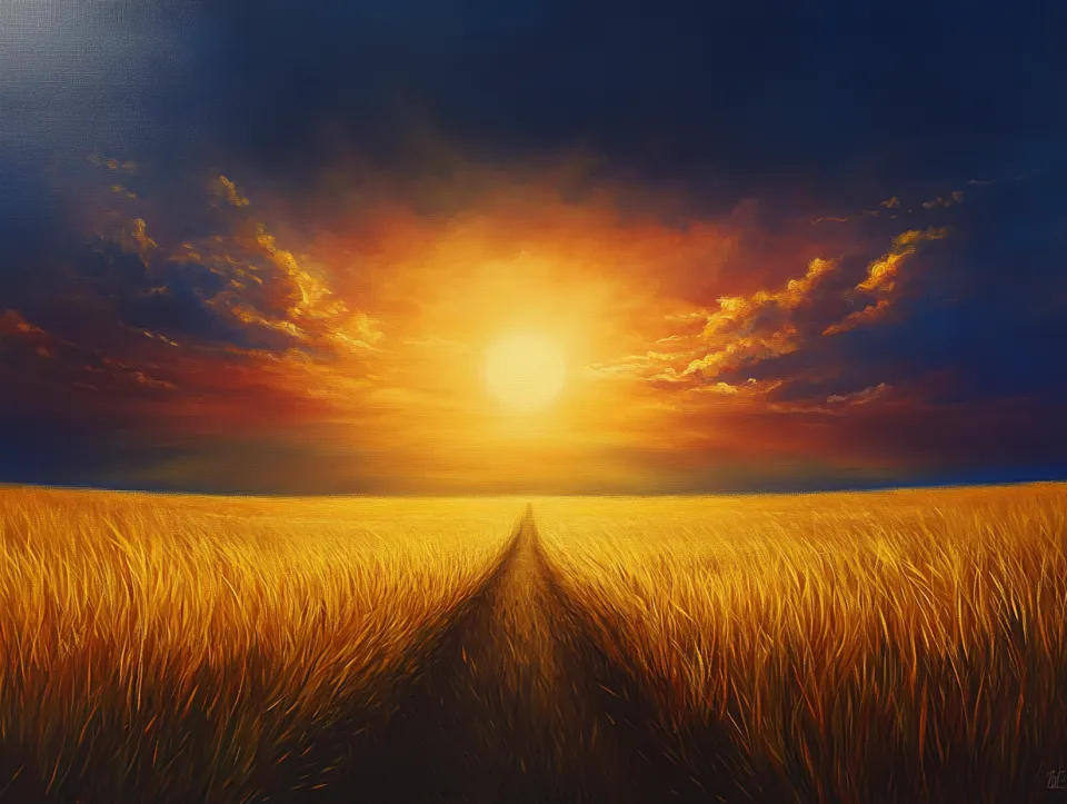 Paisaje de un campo de trigo bajo un brillante atardecer y nubes
