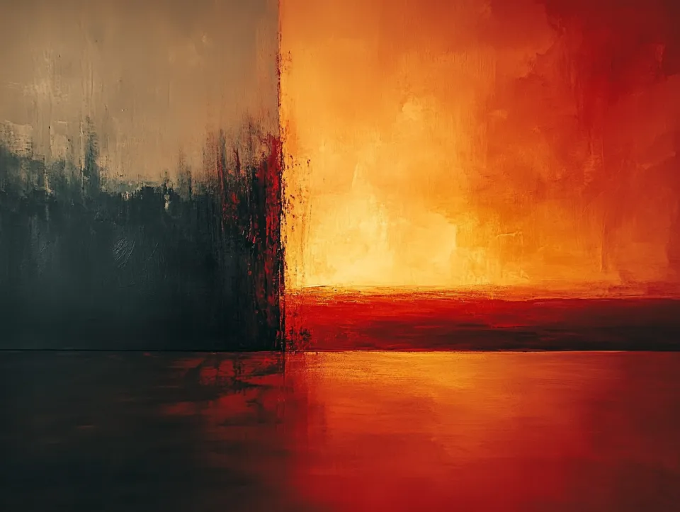 Pintura dividida en dos partes: oscura y amarillo-naranja brillante
