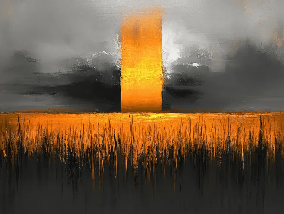 Pintura abstracta con una luz brillante y tonos oscuros.