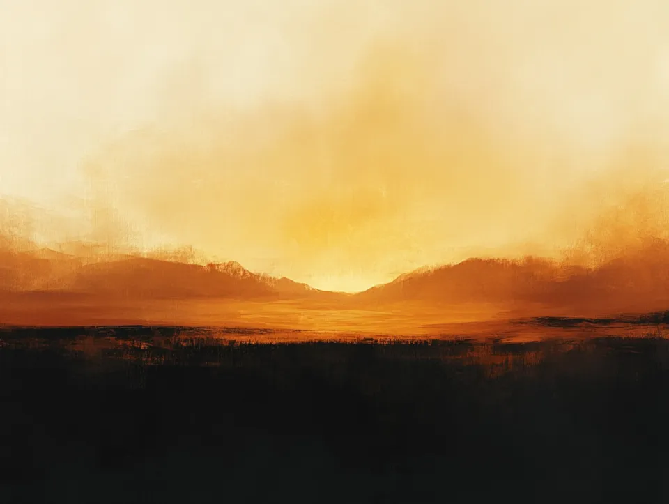 Atardecer con tonos naranjas y amarillos sobre montañas y campos