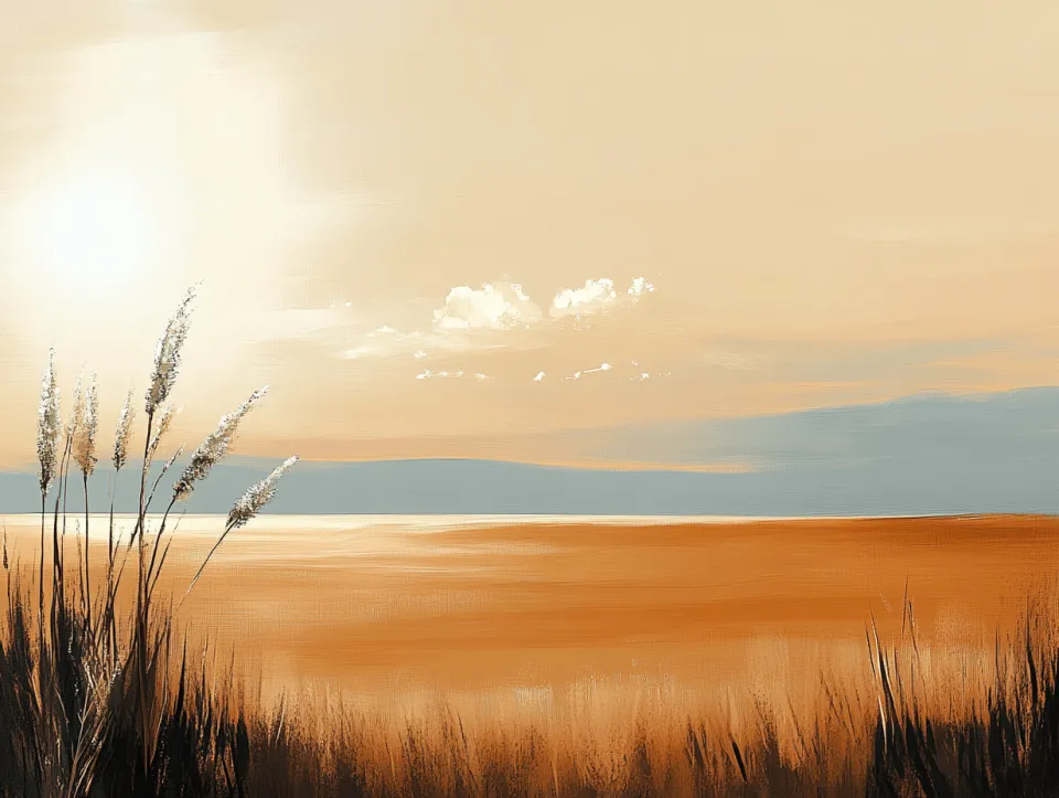 Paisaje pacífico con atardecer y hierbas altas en primer plano