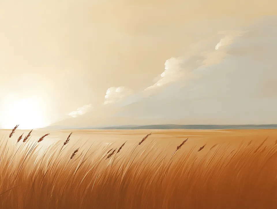Paisaje idílico con un atardecer y hierbas enmarcando el horizonte