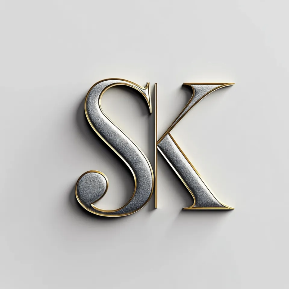 Letras SK realizadas en estilo 3D con efectos metálicos y dorados.