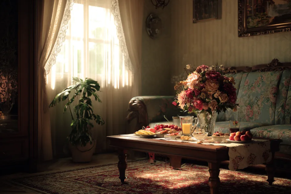 Bright room with a cozy breakfast table and flowers