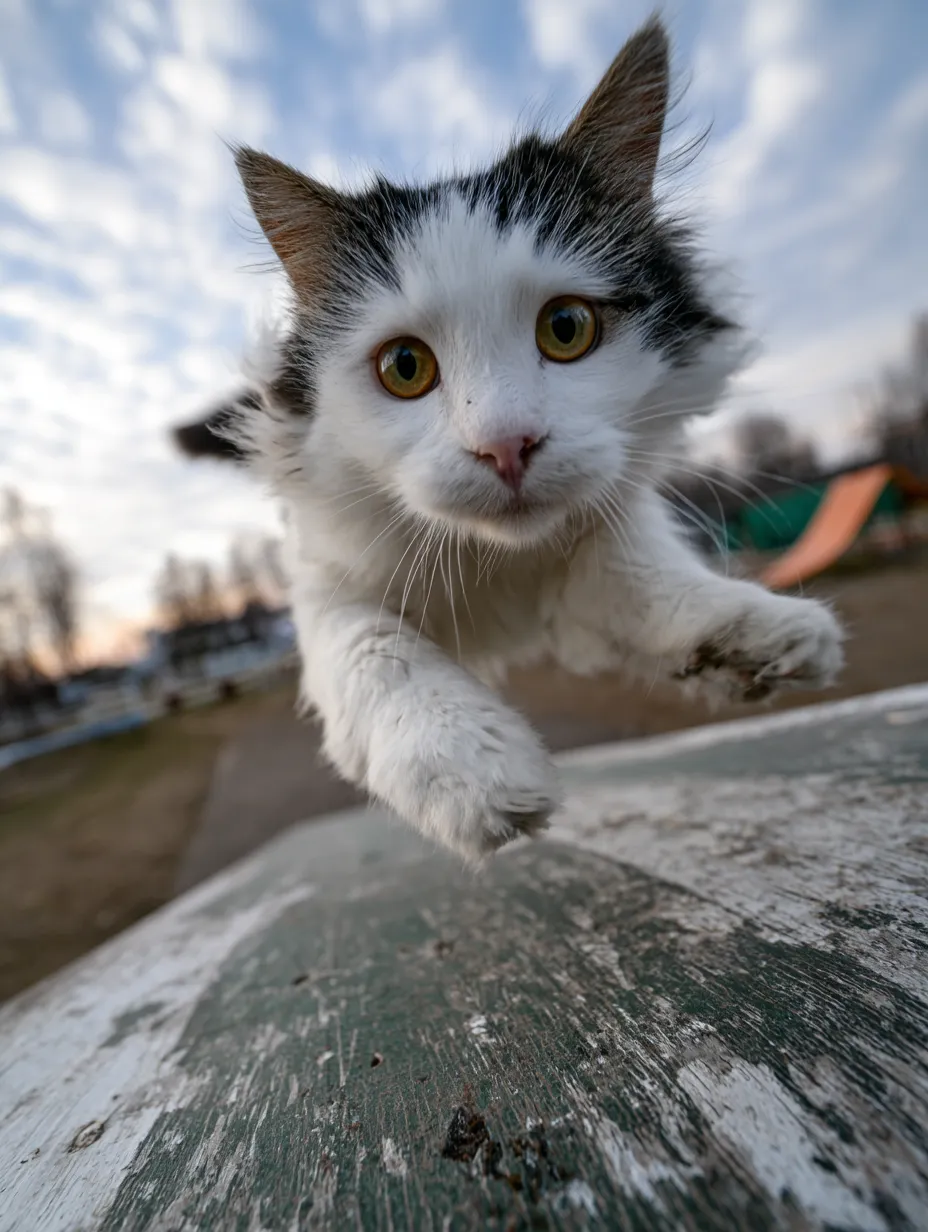 Imagen en vivo de un gato que está saltando, con un cielo claro de fondo