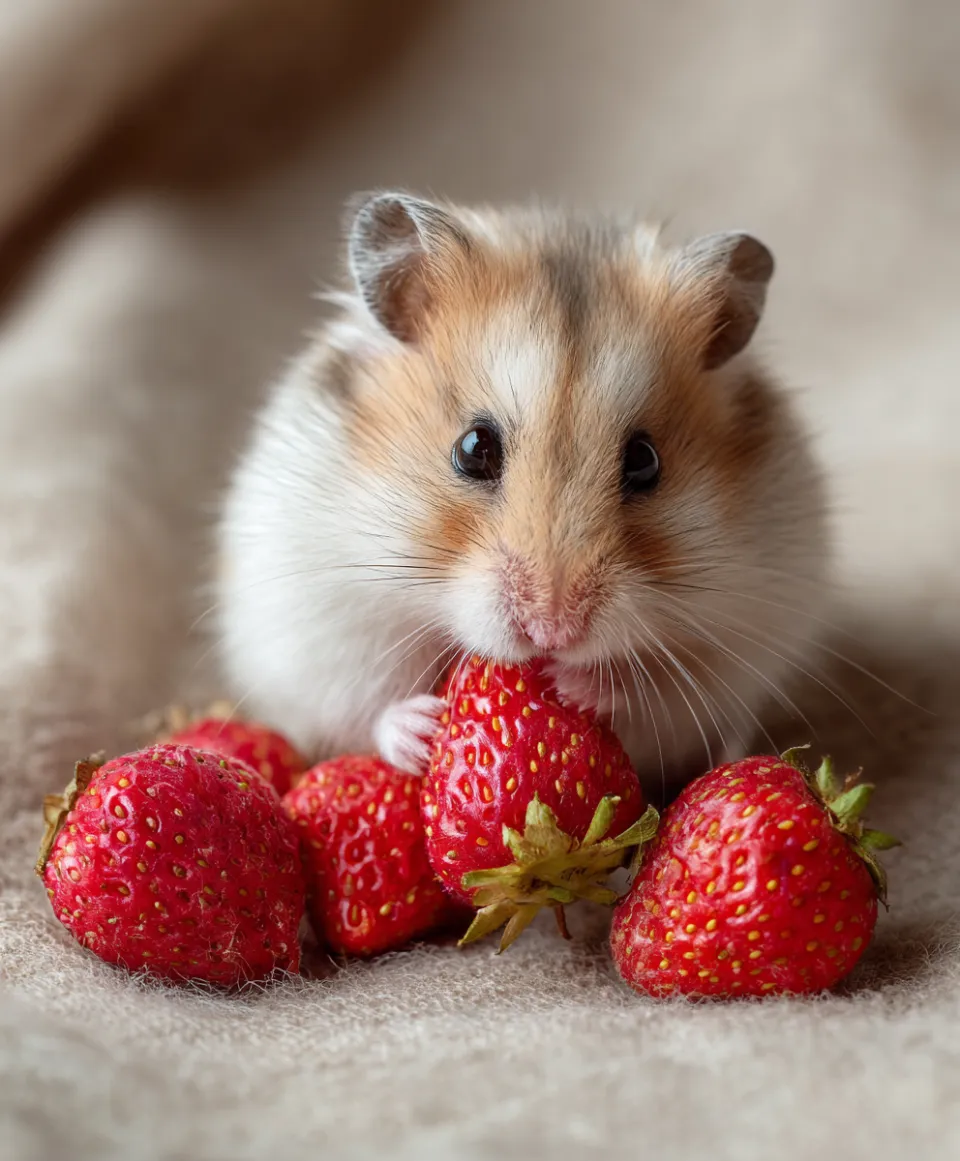 Charming hamster eating fresh strawberries on a fabric surface