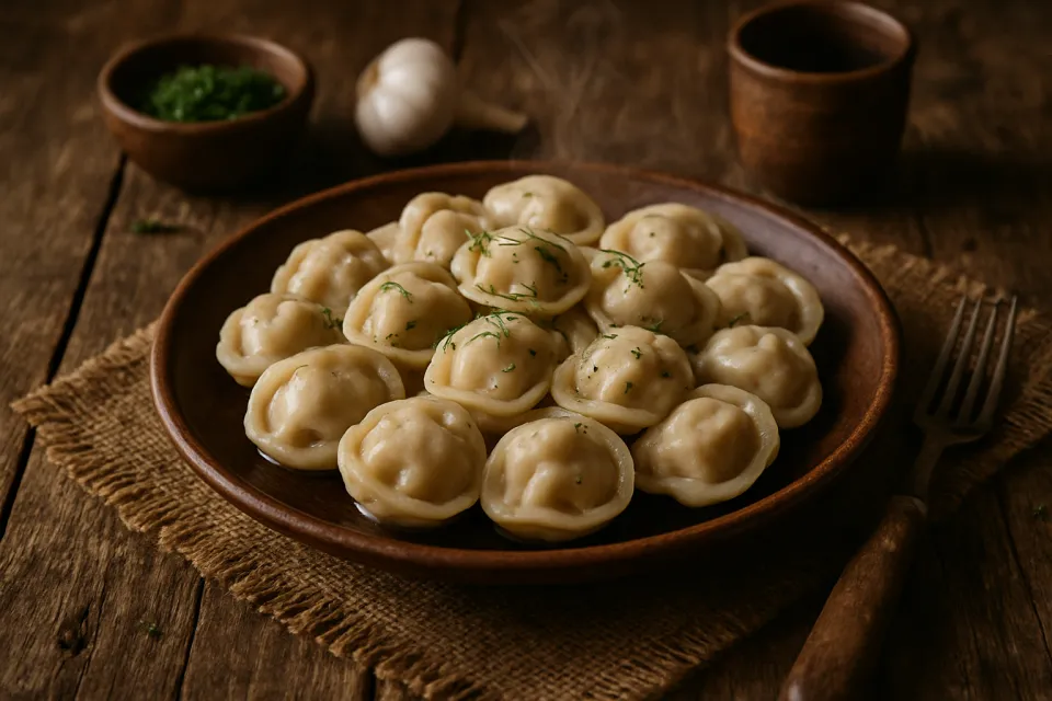 Pelmeni listos servidos en un plato de cerámica con hierbas