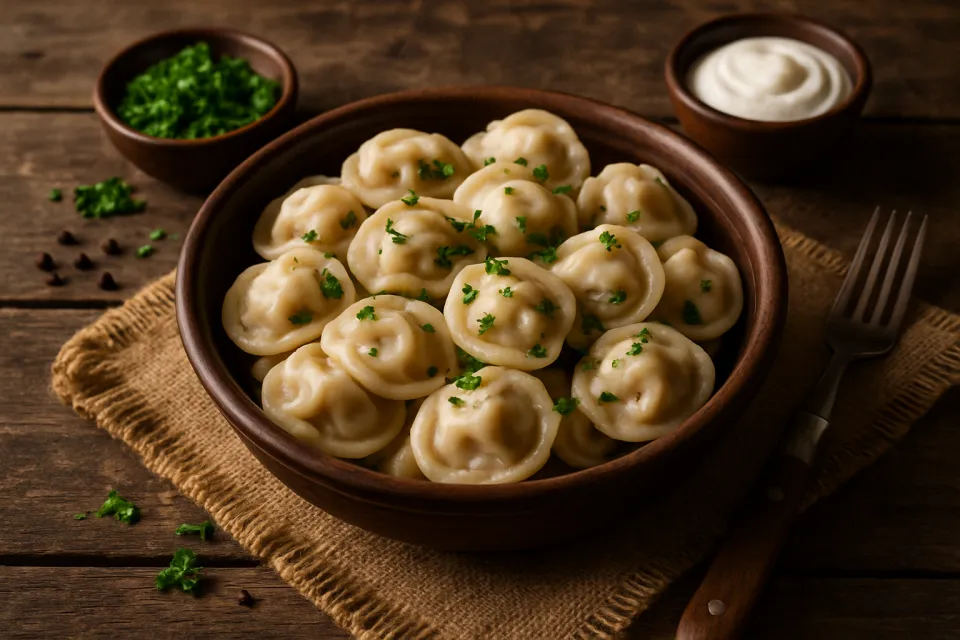 A dish with dumplings, fresh herbs, and sour cream on the table