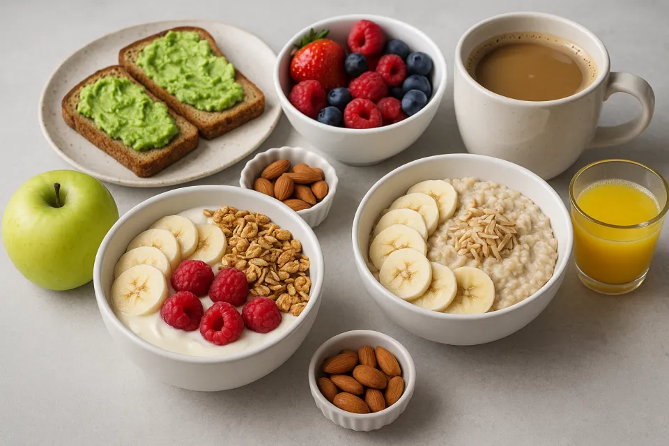Image of a diverse healthy breakfast with yogurt, fruits, and coffee