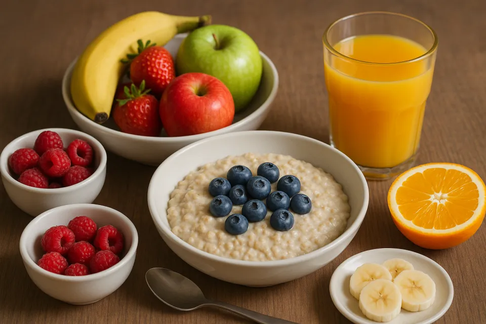 A bowl of oatmeal with assorted fresh fruits on the table