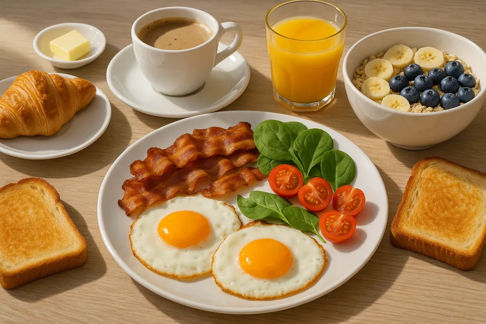 Desayuno con huevos fritos, tocino, verduras y bebidas sobre la mesa