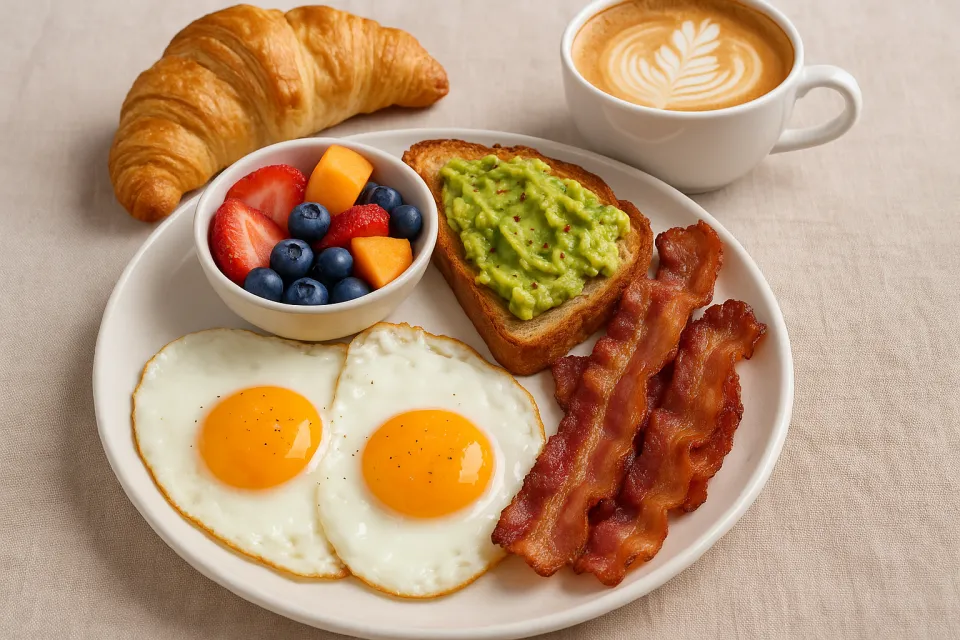 Hearty breakfast with fried eggs, bacon, avocado, and fresh fruits