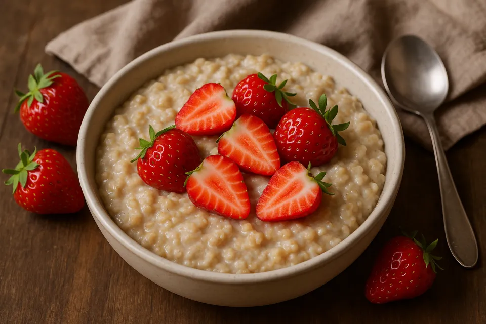 A bowl of oatmeal porridge decorated with fresh strawberries around it