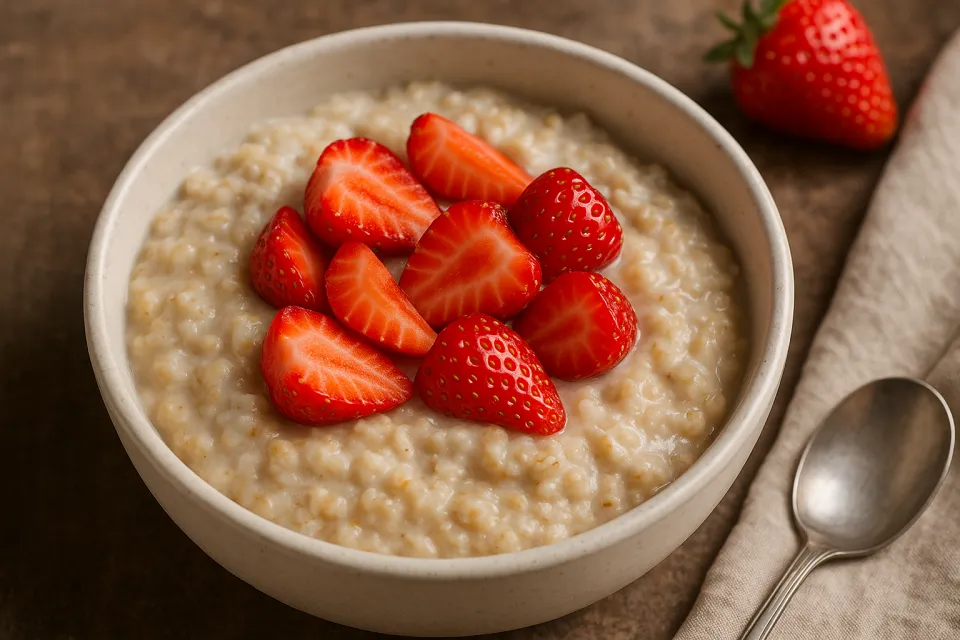 Bowl of oatmeal porridge topped with fresh strawberry slices