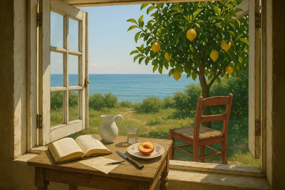 Bonita ventana con vista al mar y un árbol con limones