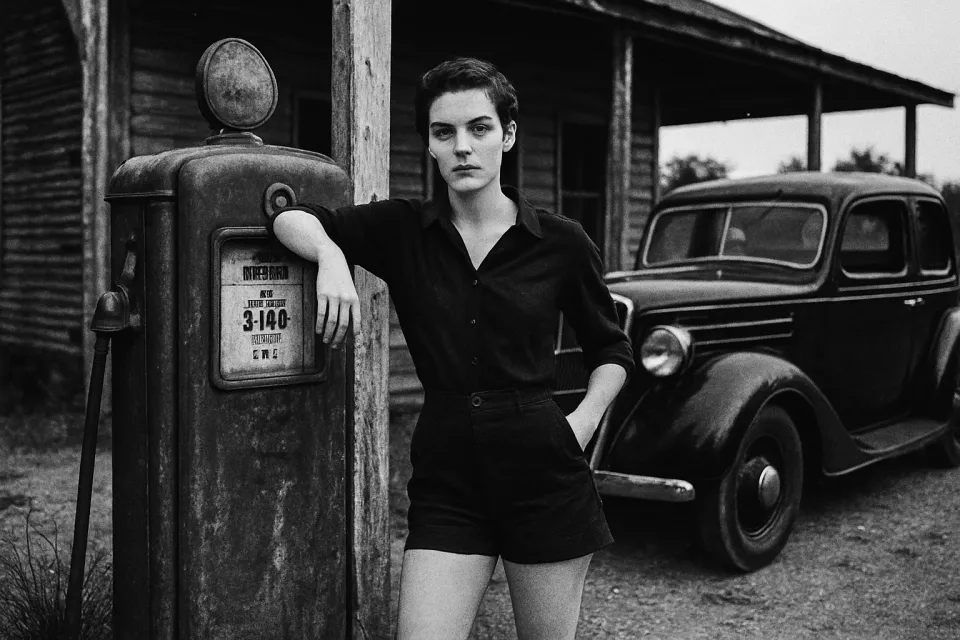 Mujer joven junto a una antigua estación de servicio con un coche vintage