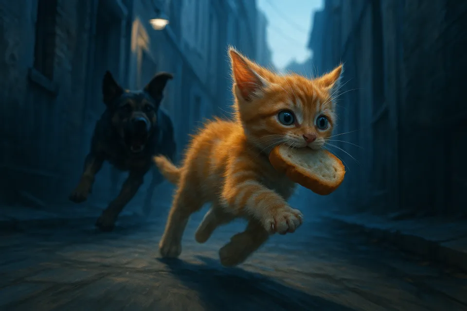 Pequeño gatito rojo corre con un trozo de pan, detrás de él un perro