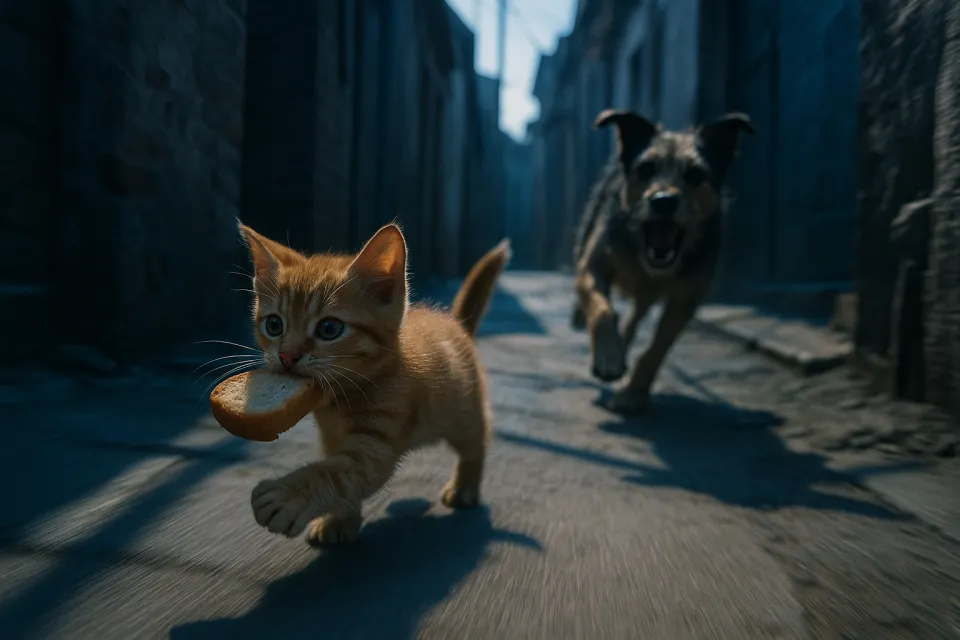Small ginger kitten running with a piece of bread in the alley