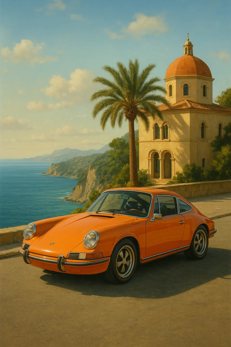 Orange car against the sea and a historic building