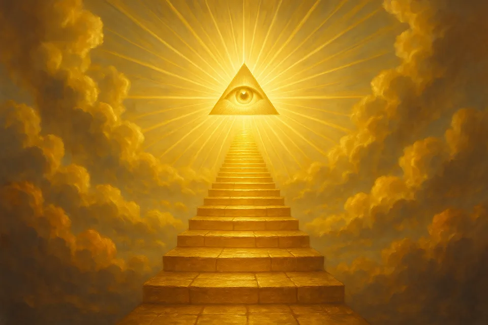 Imagen de una escalera que conduce a un triángulo resplandeciente con un ojo