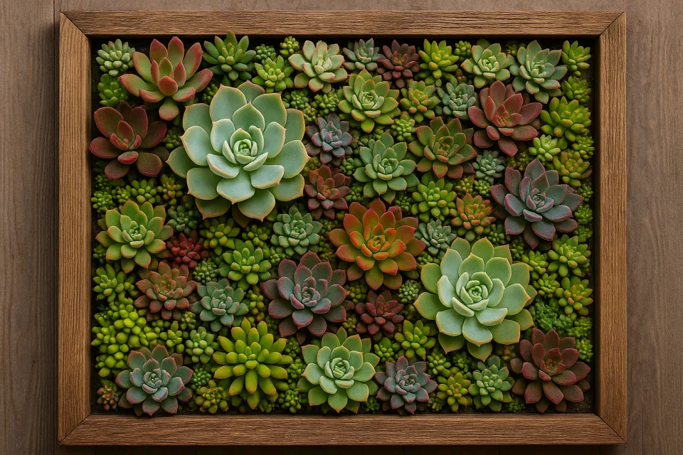 Primer plano de un panel decorativo con suculentas