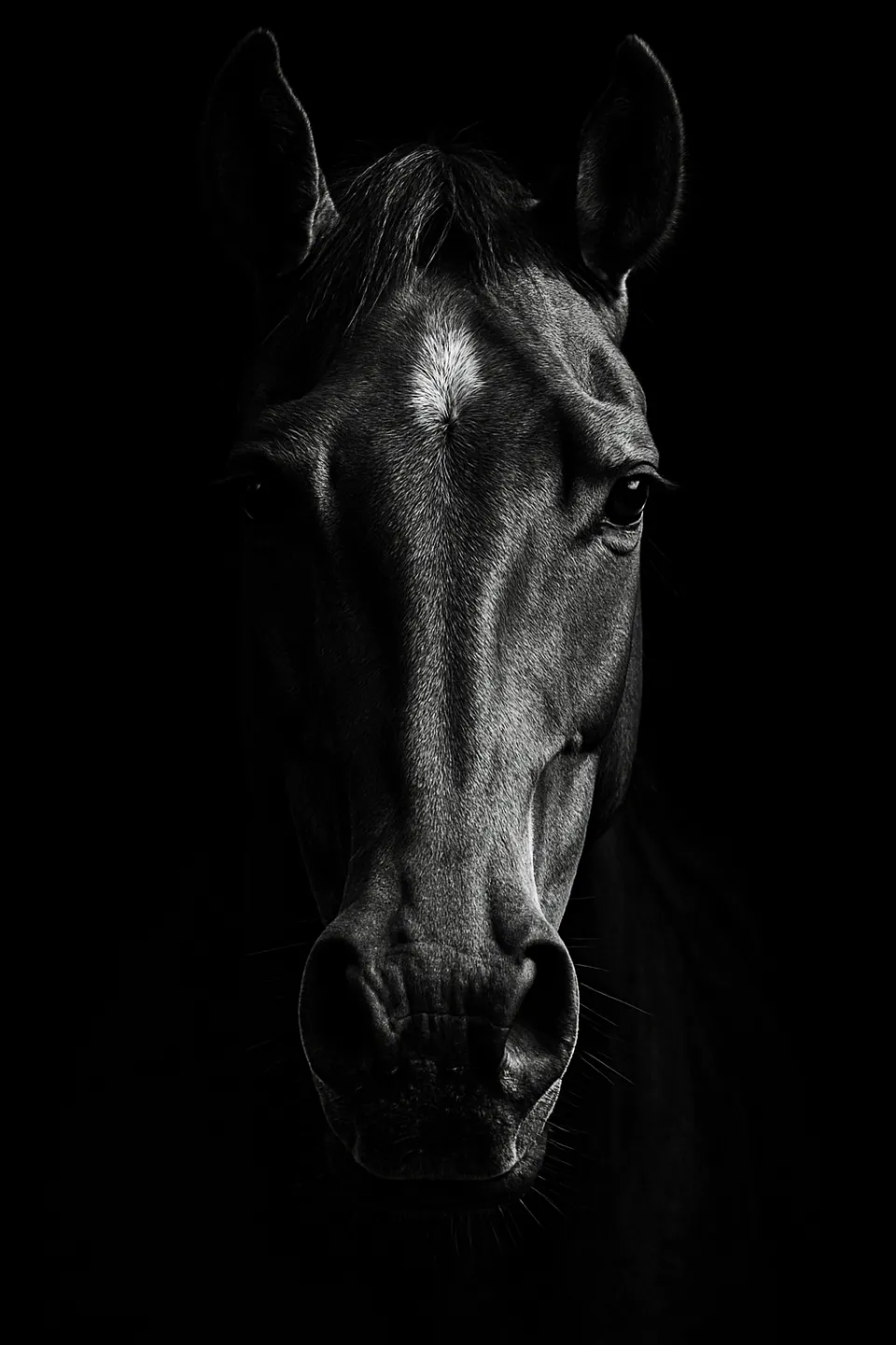 Horse with expressive eyes and facial details on a black background