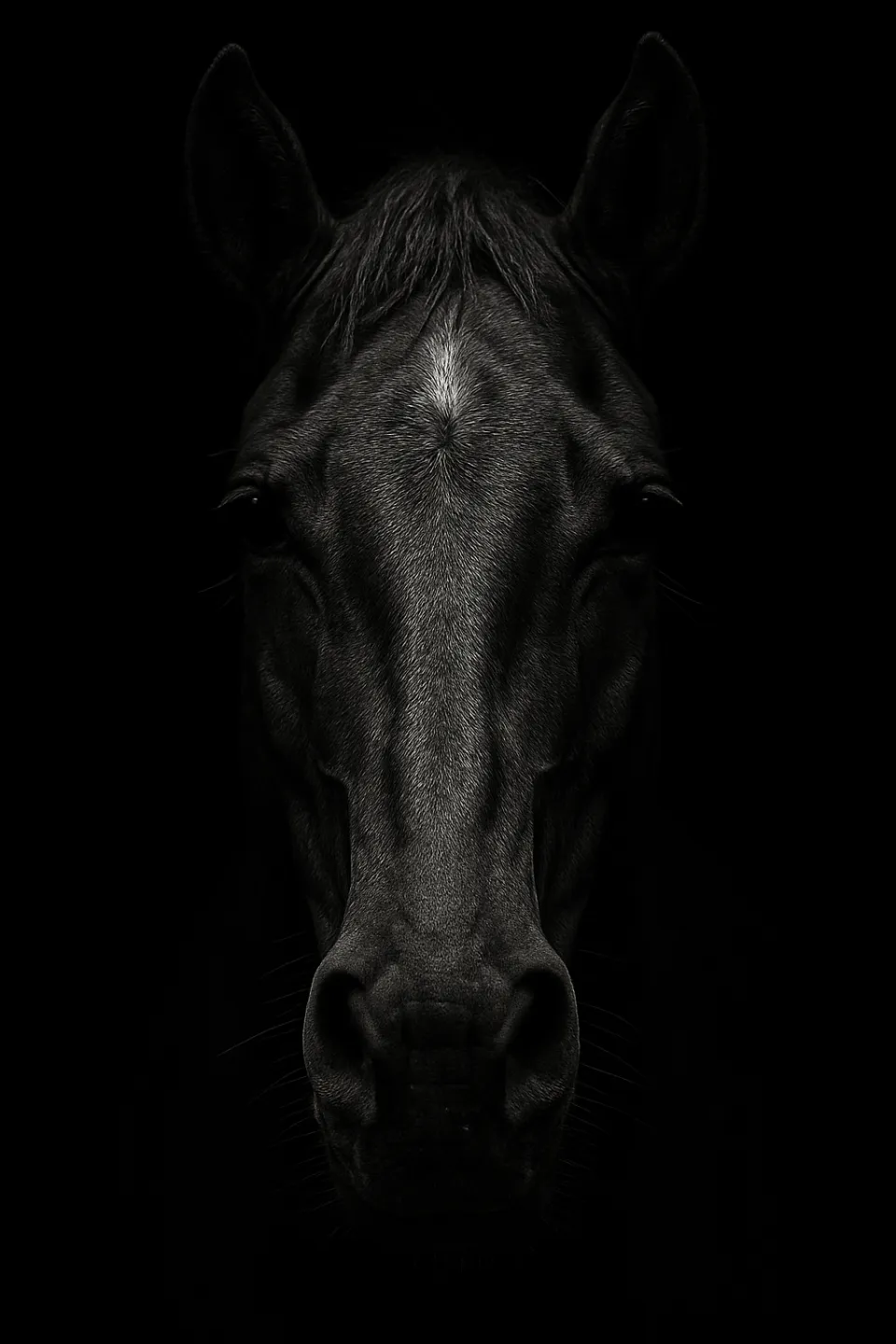 Fotografía de la cabeza de un caballo negro con rasgos definidos sobre un fondo oscuro