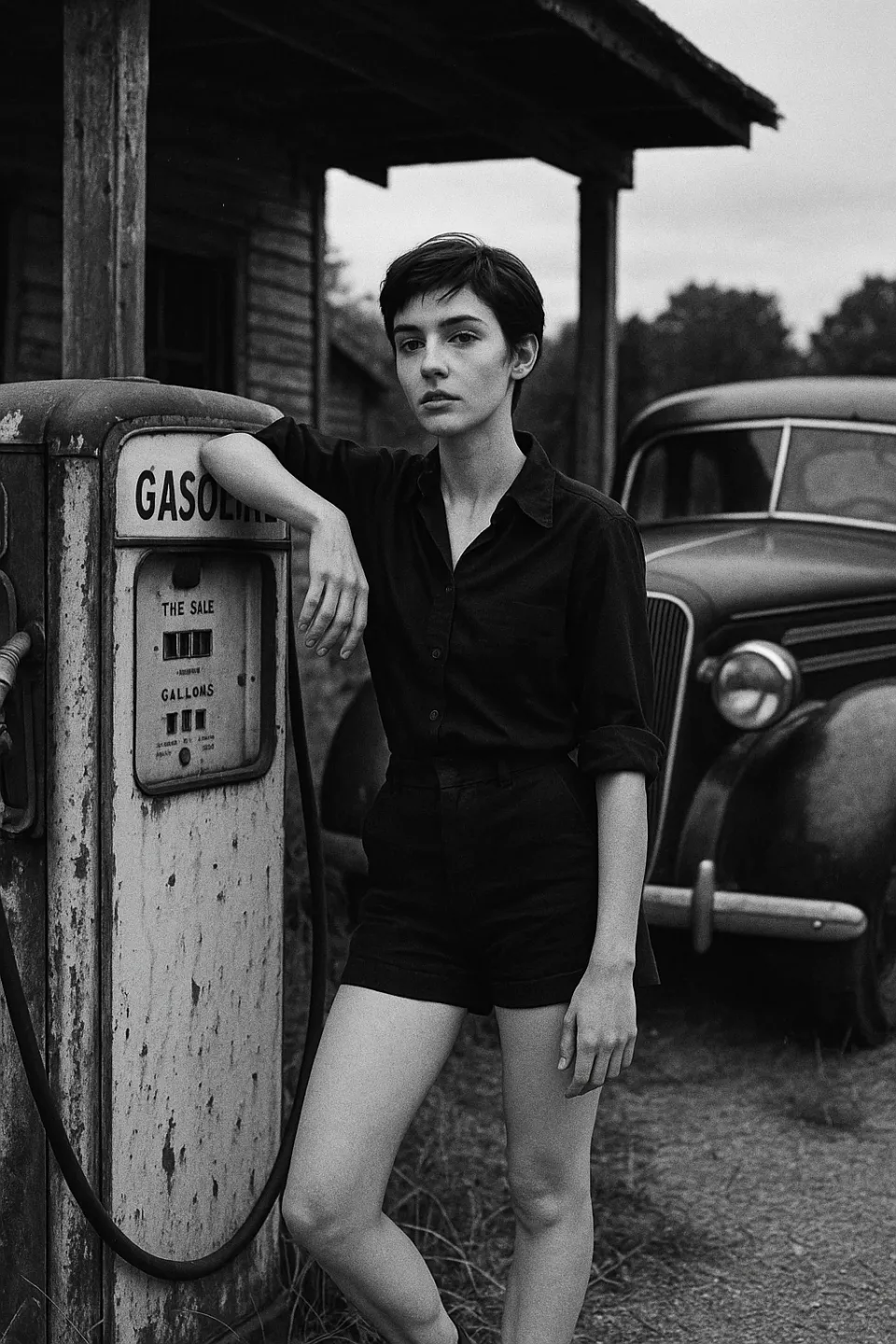 Mujer vestida de negro junto a una bomba de gasolina vintage