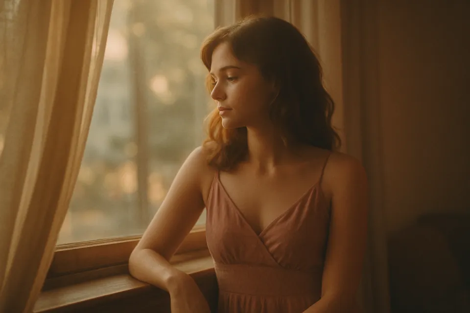 Retrato de una chica con vestido rosa mirando por la ventana