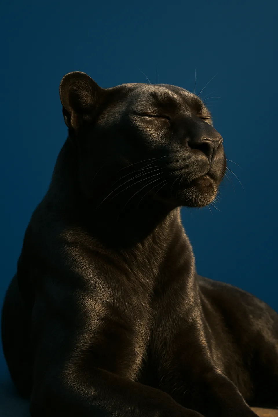 Pantera negra de perfil con los ojos cerrados sobre un fondo color celeste