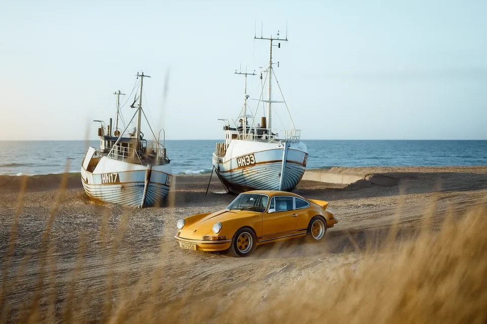 Желтая Porsche 911 на фоне старых рыбацких лодок у моря
