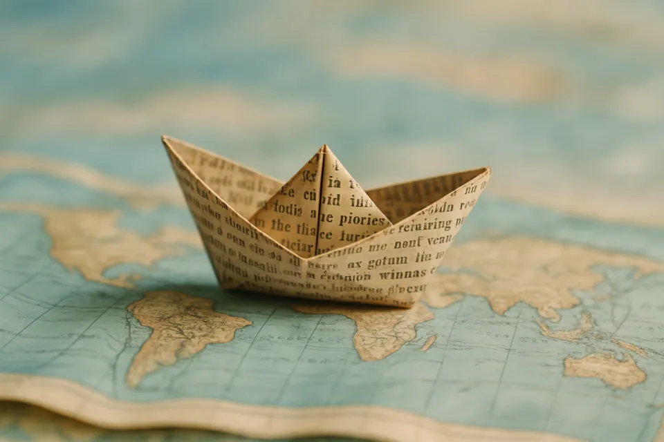 Barco de papel sobre el fondo de un antiguo mapa mundial