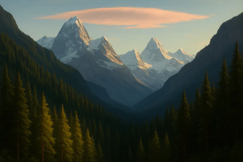 Hermosa montaña con cumbres nevadas y bosques verdes