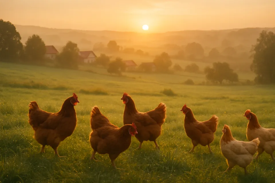 A group of chickens on a green meadow on a sunny morning