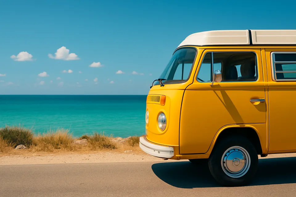 Yellow van against the backdrop of turquoise sea and clear sky