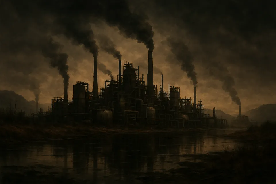 Fábrica industrial en un entorno sombrío con humo y cielo oscuro