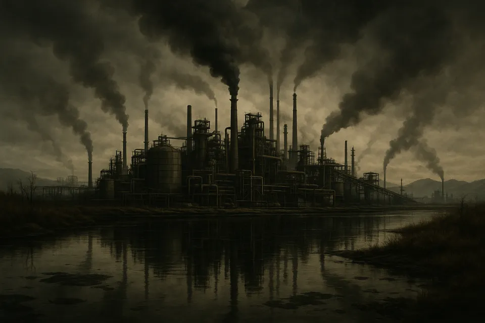 Factory area with tall smokestacks and reflection in a water body